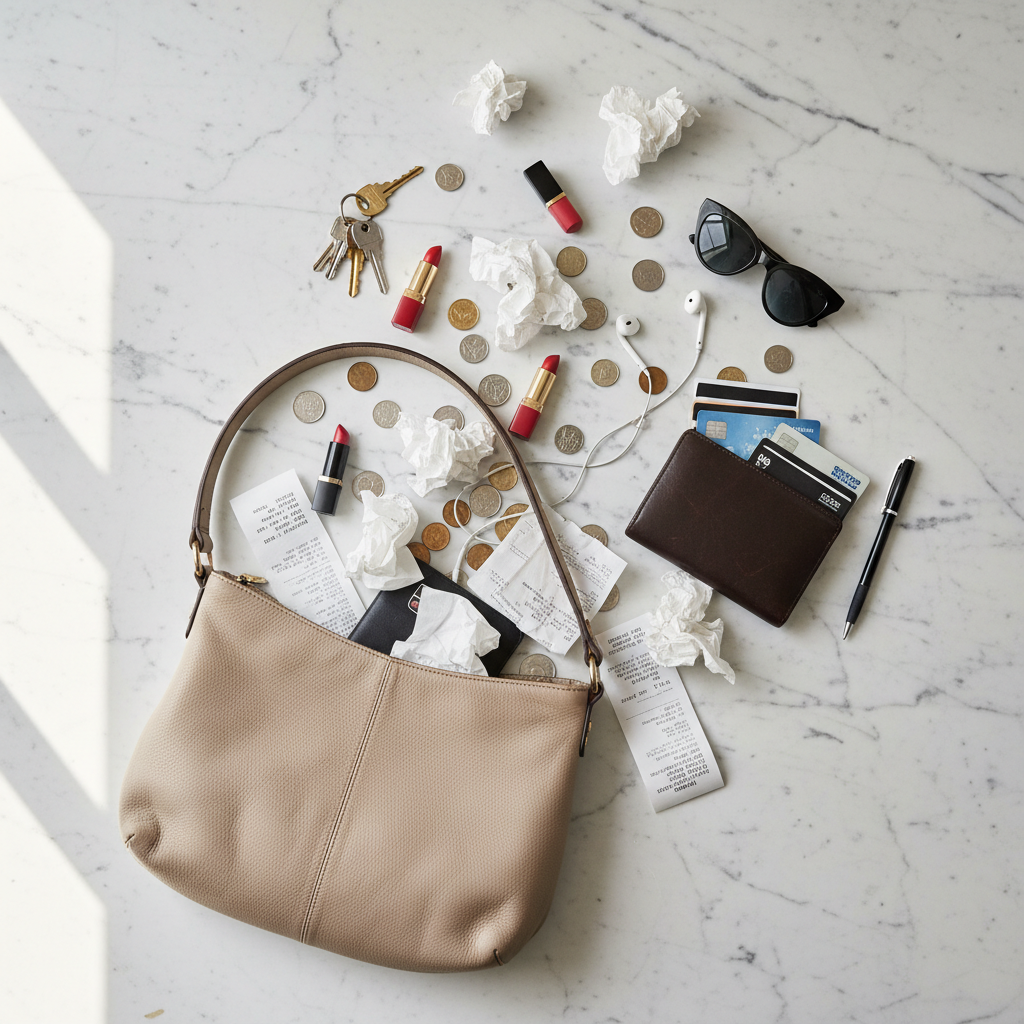 Before — Cluttered bag flat lay